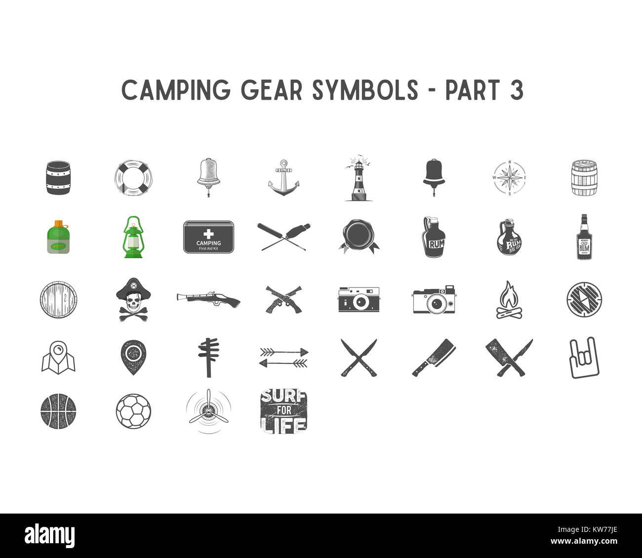 Set of silhouette icons and shapes with different outdoor gear, camping  symbols for creating adventure logo, badge designs, use in infographics,  poste Stock Photo - Alamy