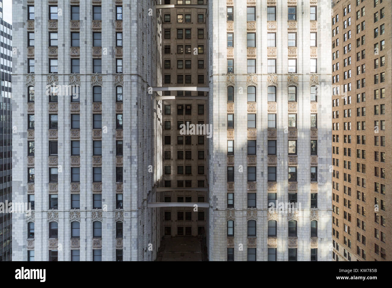 detail image of the facade of several buildings in downtown manhattan, Stock Photo