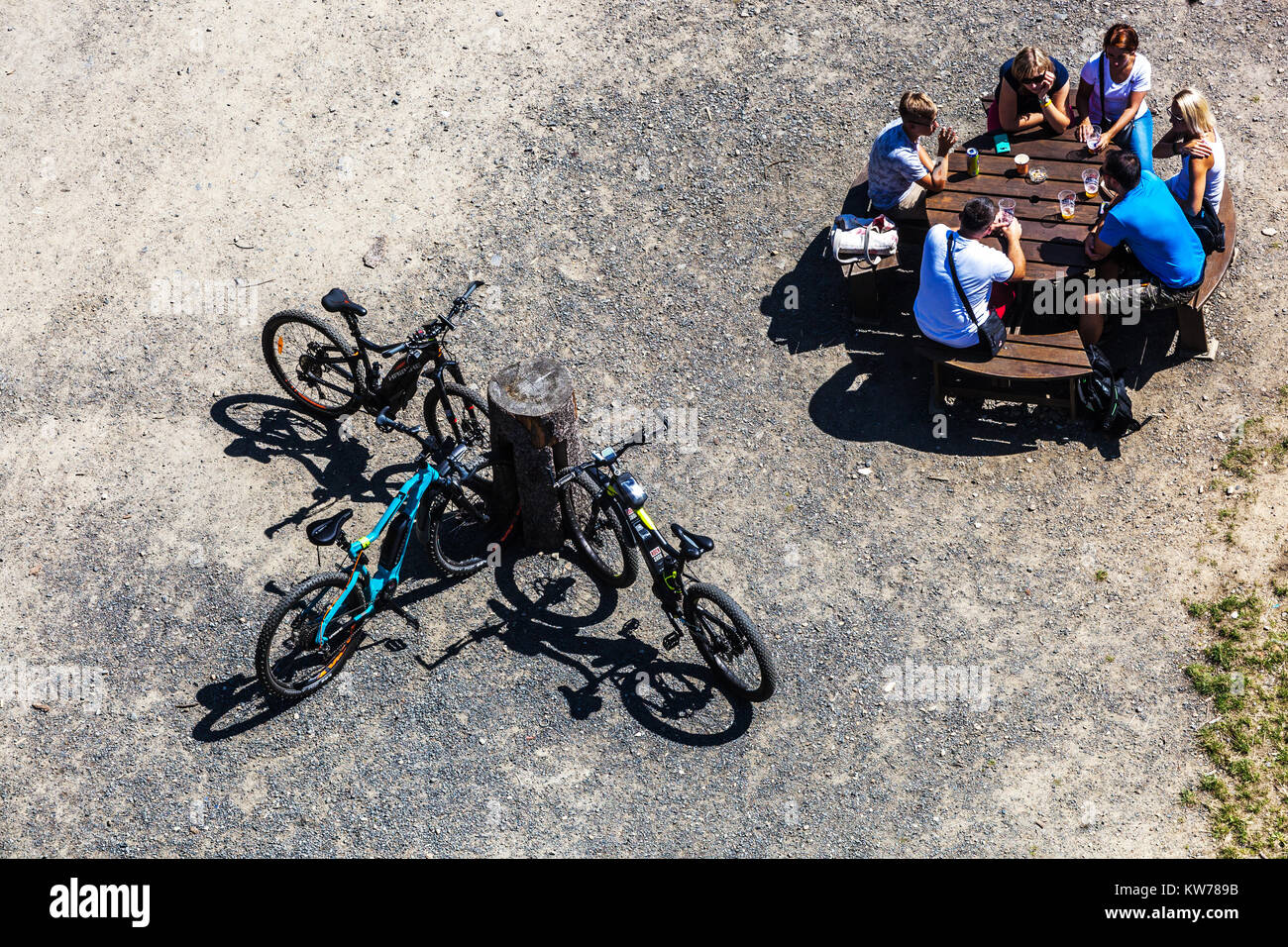 Bikers rest on Spicak Hill, Sumava National Park, Czech Republic cycling aerial bike Stock Photo