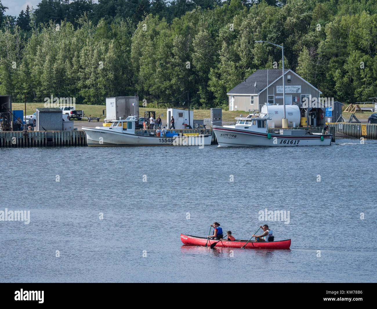 Lobster boats and canoe, Quai de Loggiecroft Wharf, Kouchibouguac River