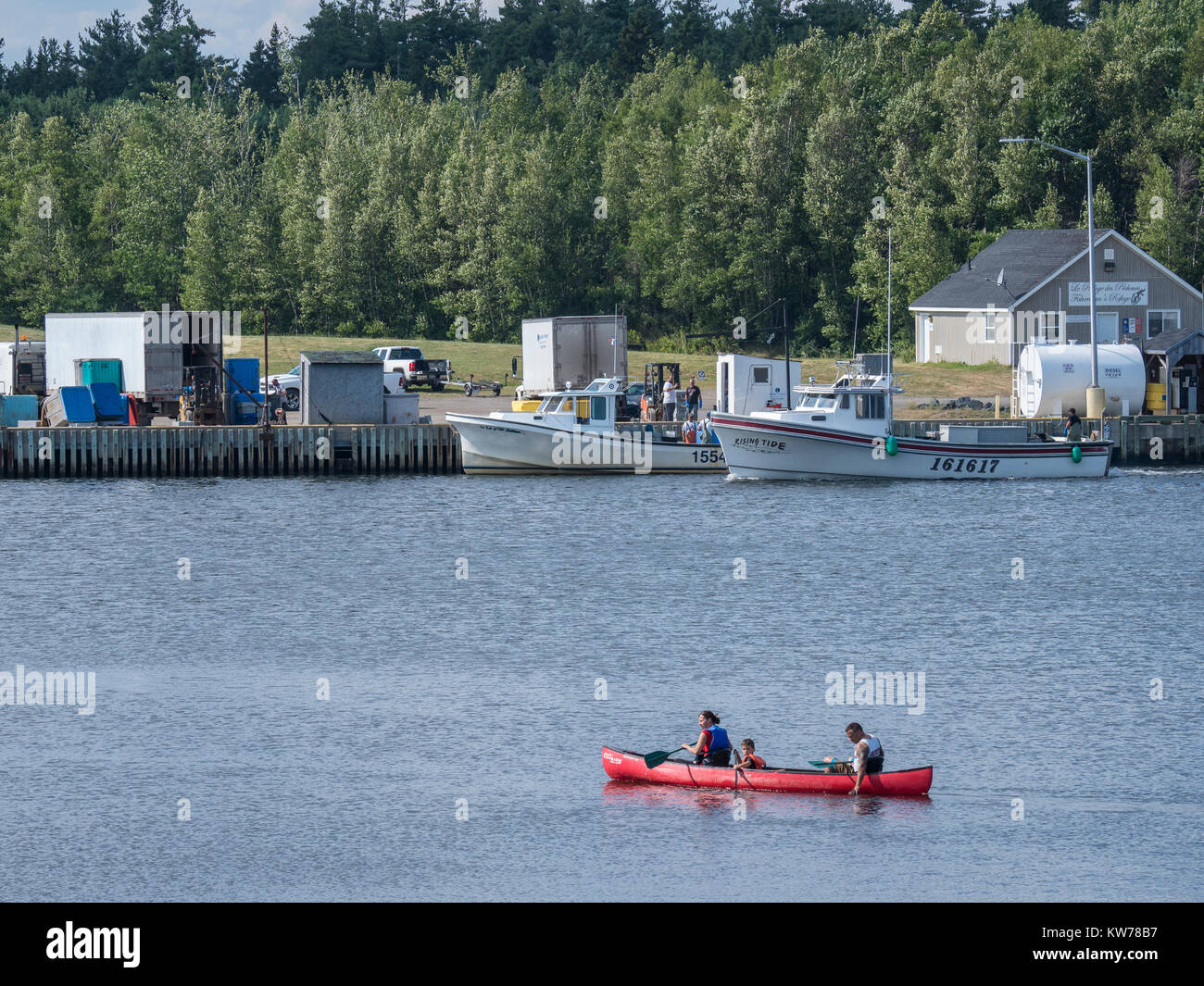 Lobster boats and canoe, Quai de Loggiecroft Wharf, Kouchibouguac River