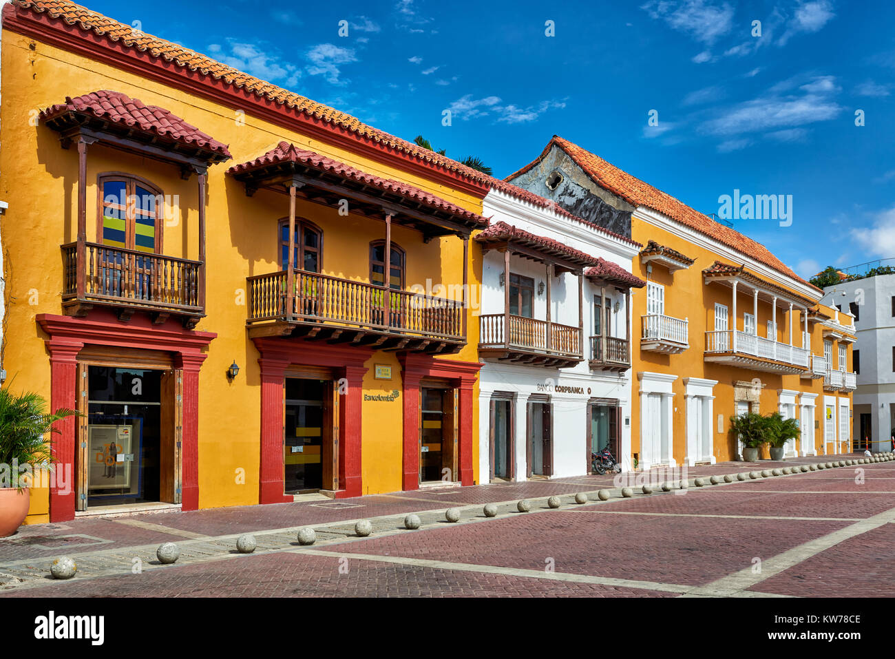 historical facade at Plaza de la Aduana, Cartagena de Indias, Colombia, South America Stock Photo