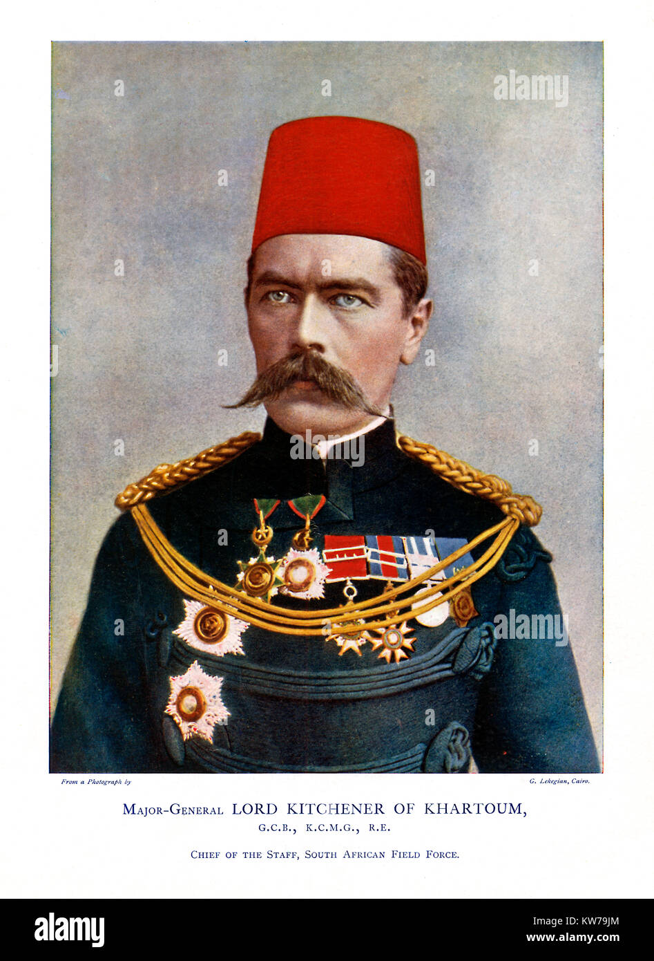 Kitchener, 1900 colour portrait photograph of the English soldier as Major-General Lord Kitchener of Khartoum when Chief of Staff of the British army in South Africa for the Boer War Stock Photo