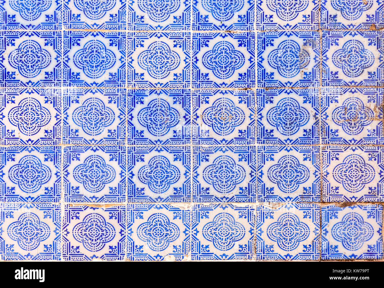 Typical Portuguese and Spanish old painted tin-glazed ceramic tilework (Azulejo) Stock Photo