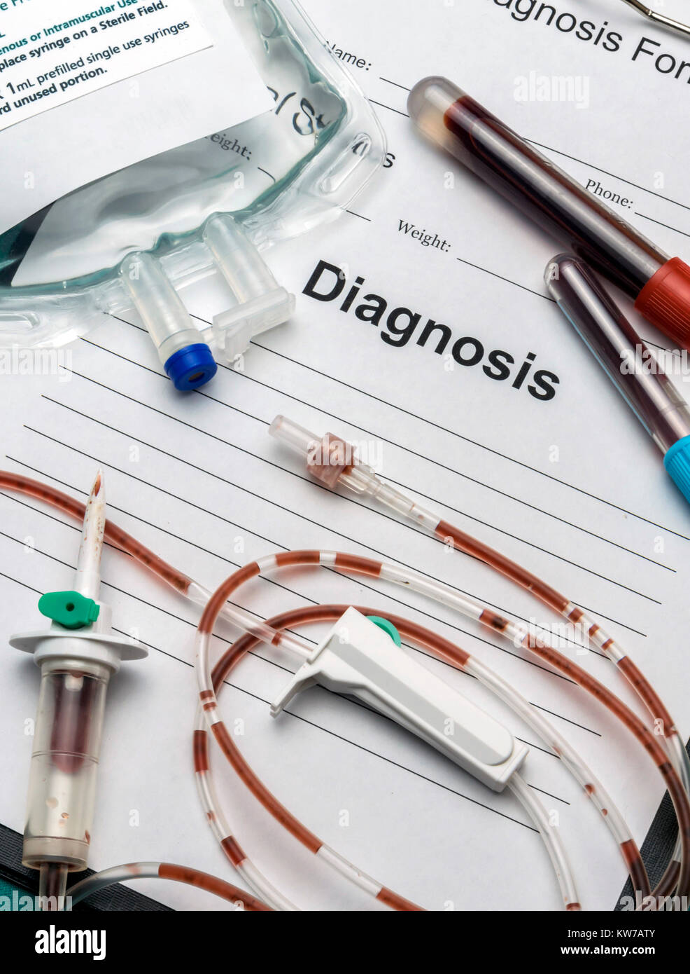 Diagnostic form, Vial of blood samples and Medicine in a hospital
