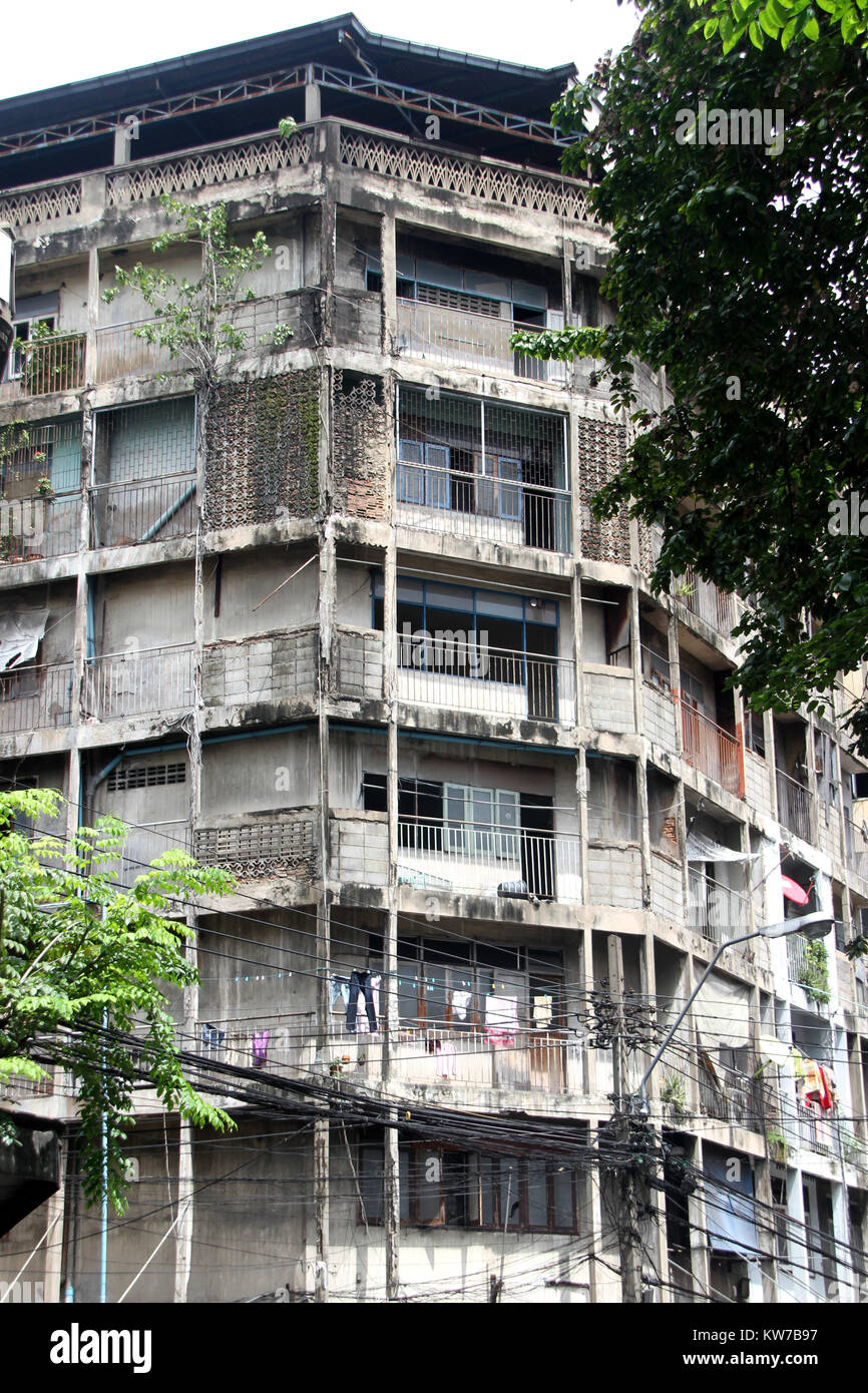 Old apartment on the back street of China town in Bangkok, Thailand