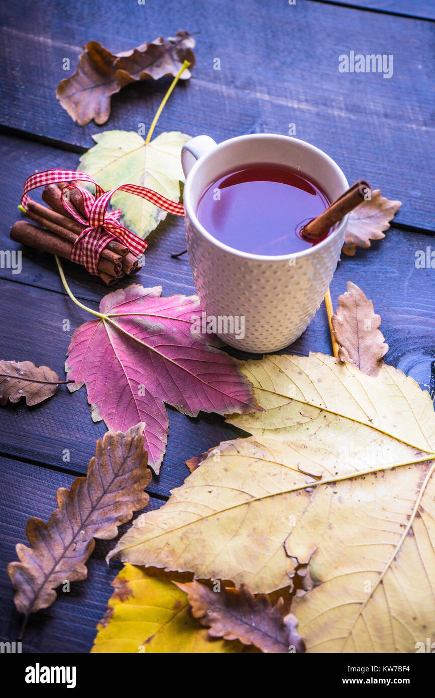 Cup of mulled tea with cinnamon stick and anise star on rustic table with brigt yellow leaves Stock Photo