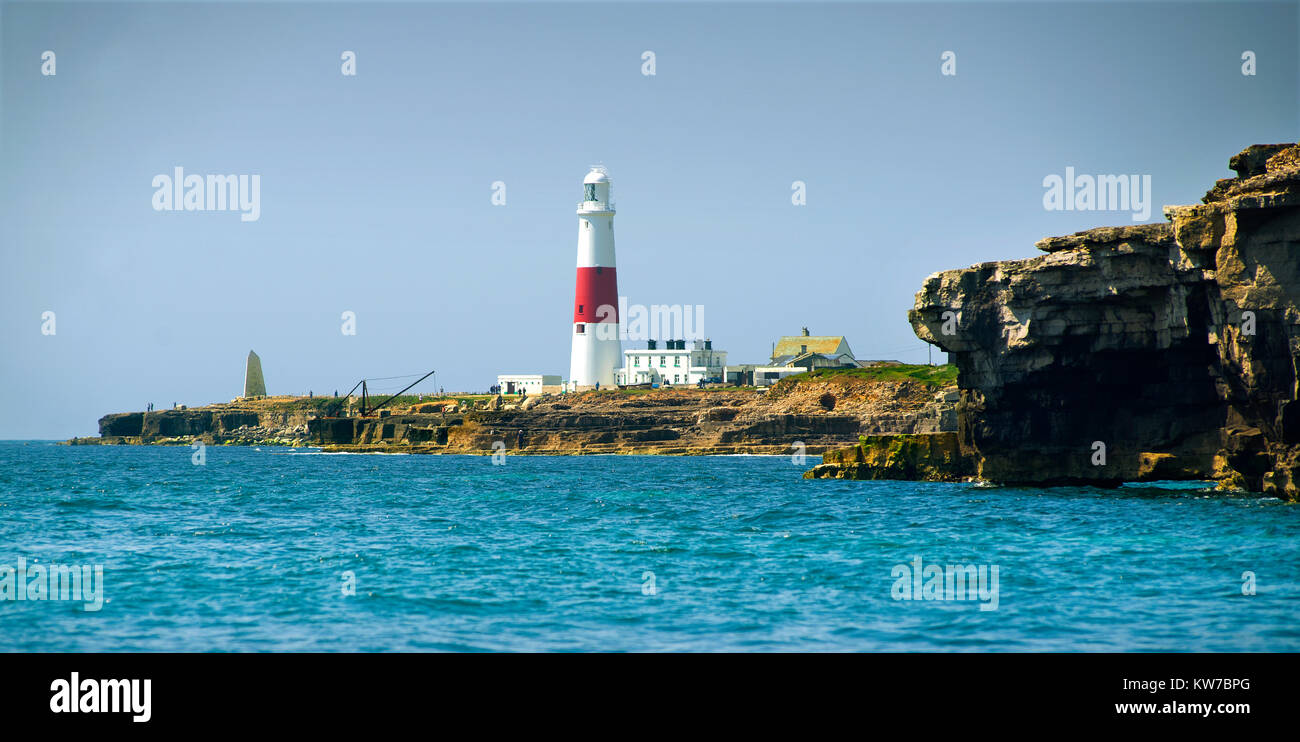 Portland Bill lighthouse on the Jurassic Coast in Dorset, photographed from offshore Stock Photo