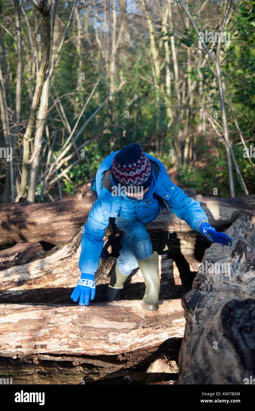 Young boy climbing over a pile of logs Stock Photo