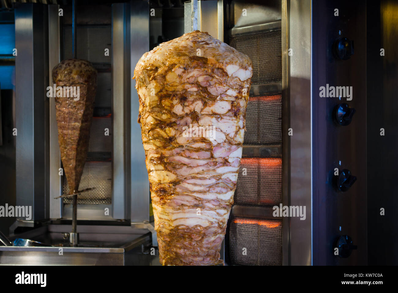 bbq meat and chicken for turkish doner kebab in a restaurant in istanbul asian street food Stock Photo