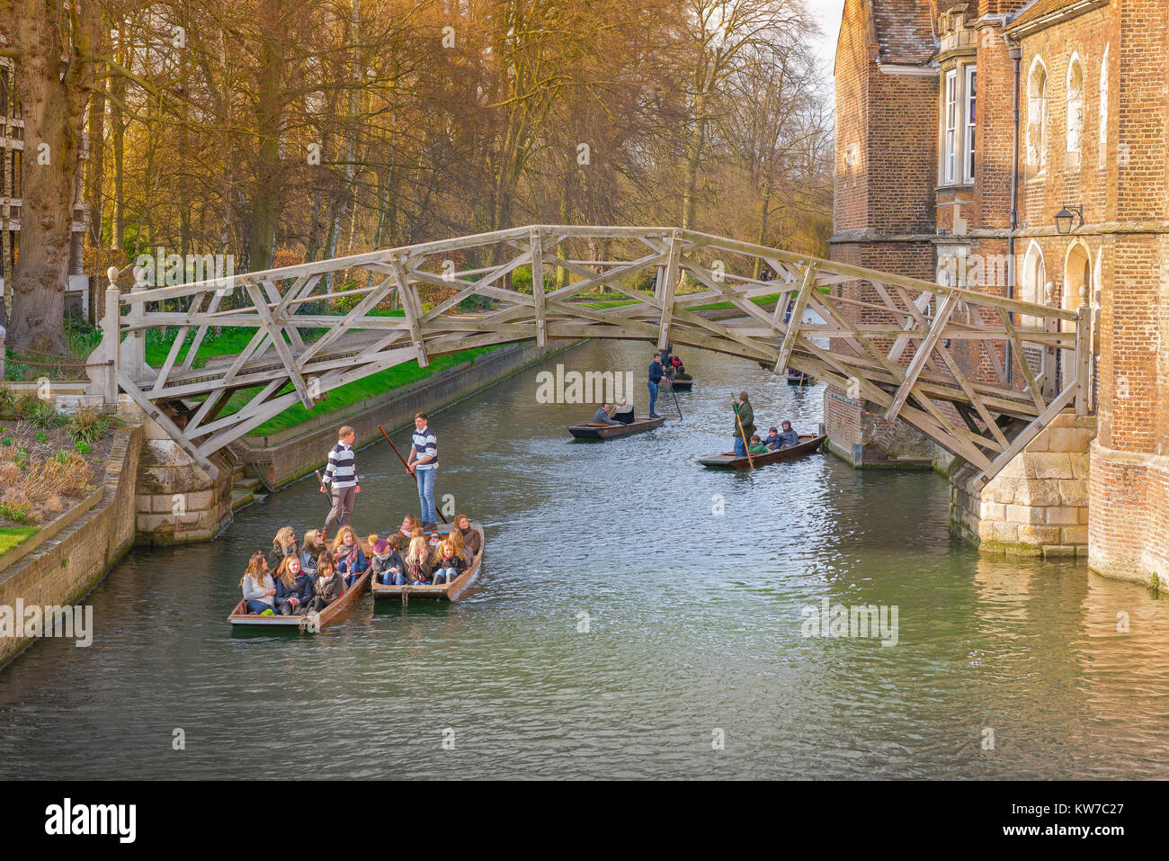 Cambridge punting, on a spring morning in Cambridge, UK, tourists ride in punts on the River Cam, gliding under the wooden Mathematical Bridge. Stock Photo