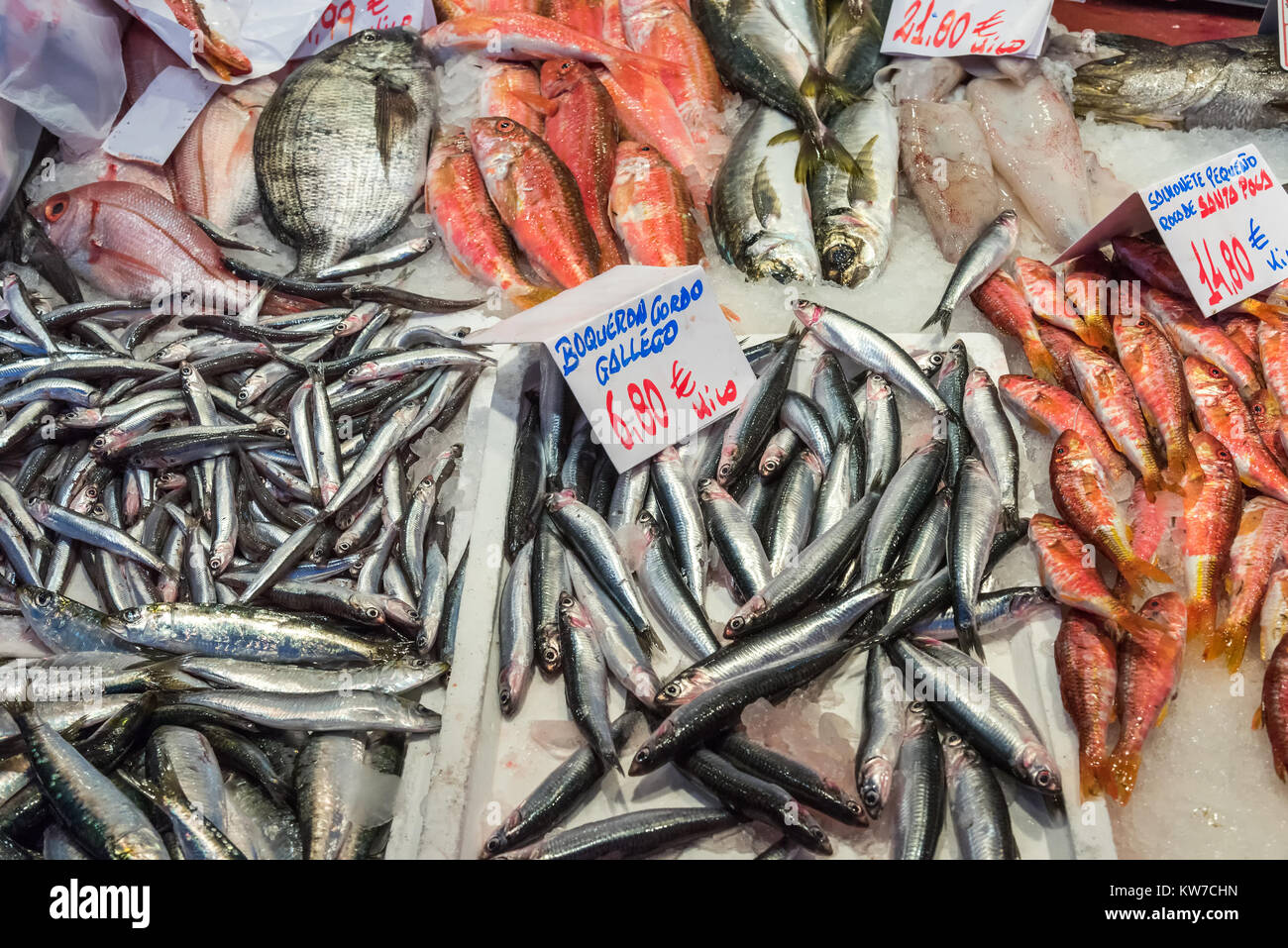 Fresh fish for sale at a market in Madrid, Spain Stock Photo