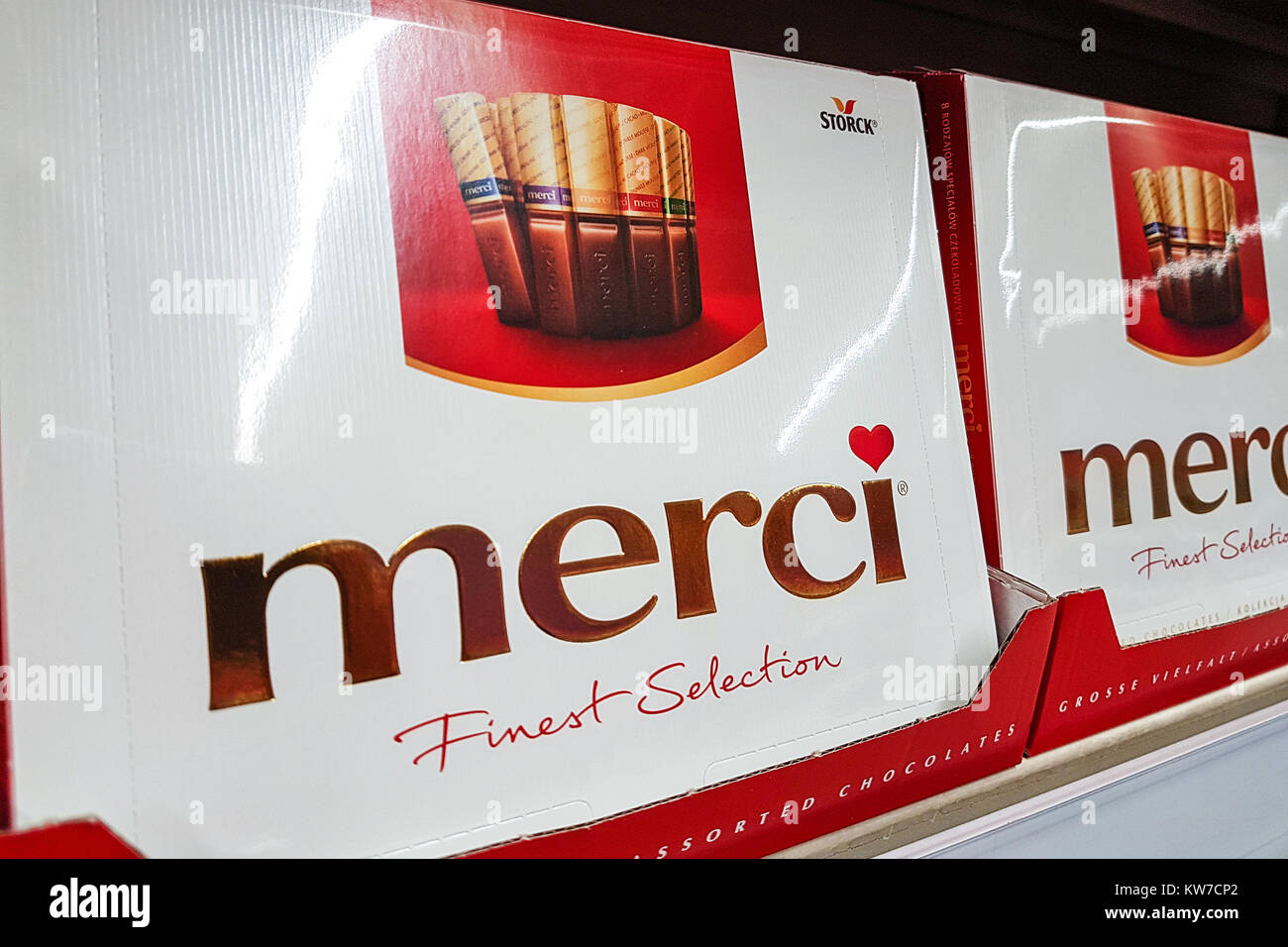Nowy Sacz, Poland - November 23, 2017: Merci Chocolates  on store shelves for sale in a Tesco Hypermarket.  Merci is produced by the German company Au Stock Photo