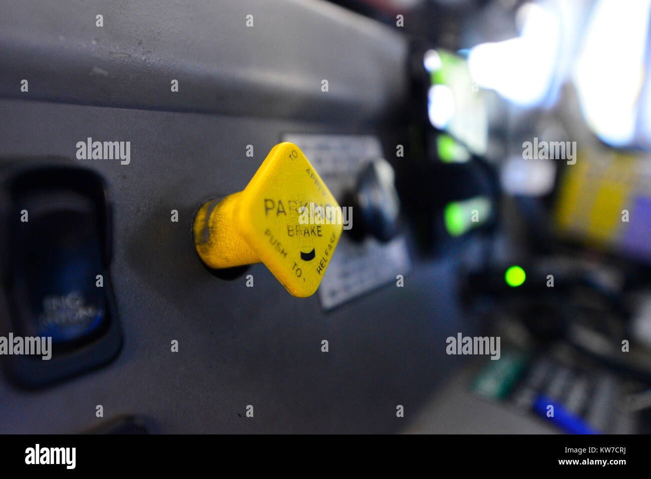 Parking brake pull lever on a big truck or fire engine Stock Photo Alamy