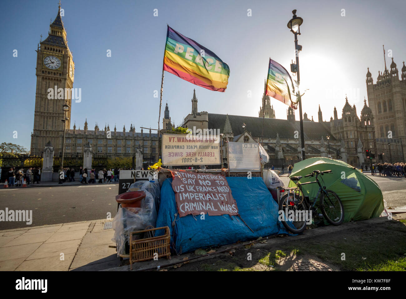 The Parliament Square Peace Campaign peace camp outside the Palace of Westminster in Parliament Square, London, UK Stock Photo