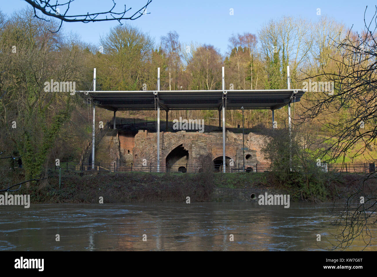 Bedlam Furnaces in the Ironbridge Gorge World Heritage Site in Shropshire, England, from the opposing bank of the River Severn. Stock Photo