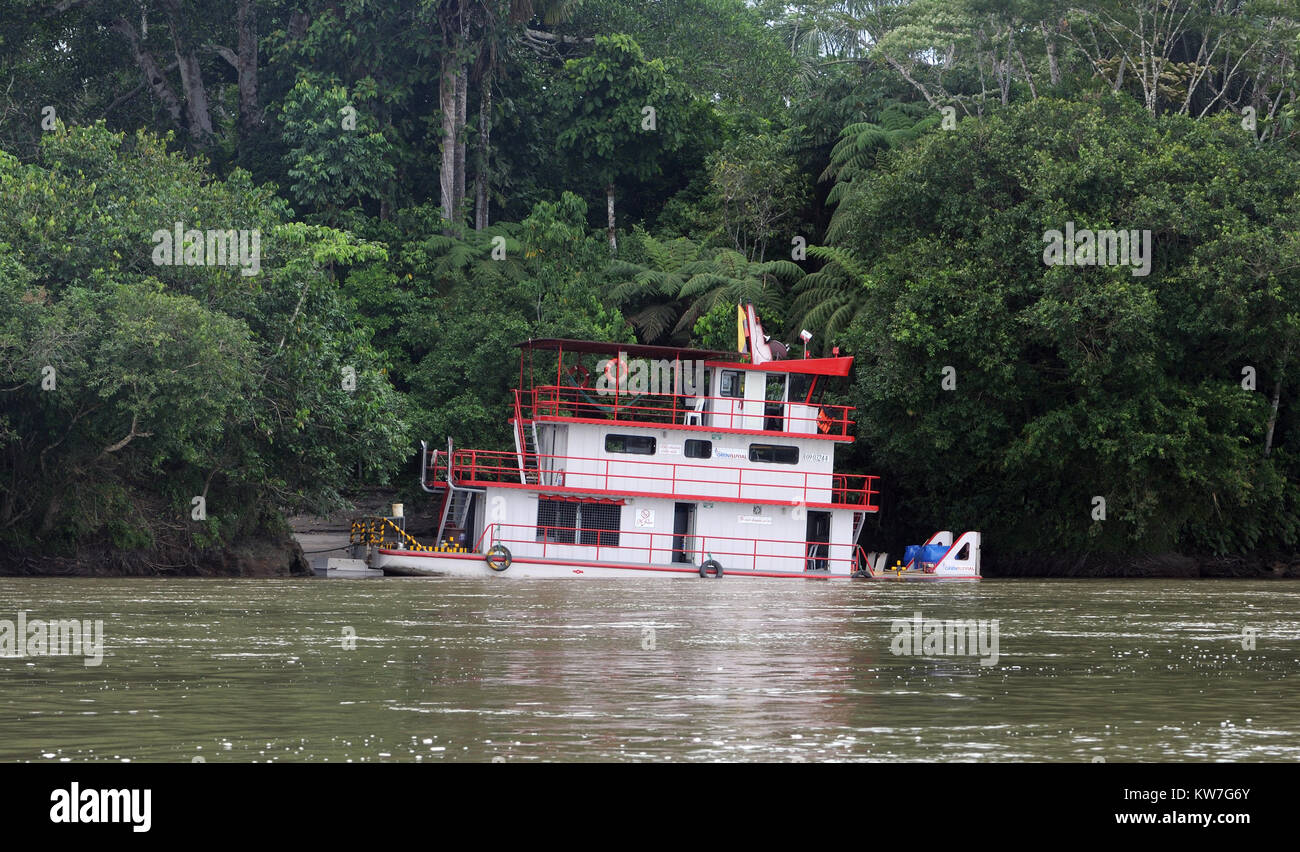 A three decked tug boat on the Napo River near Coca or Puerto Francisco de Orellana. Coca, Puerto Francisco de Orellana, Orellana, Ecuador. Stock Photo