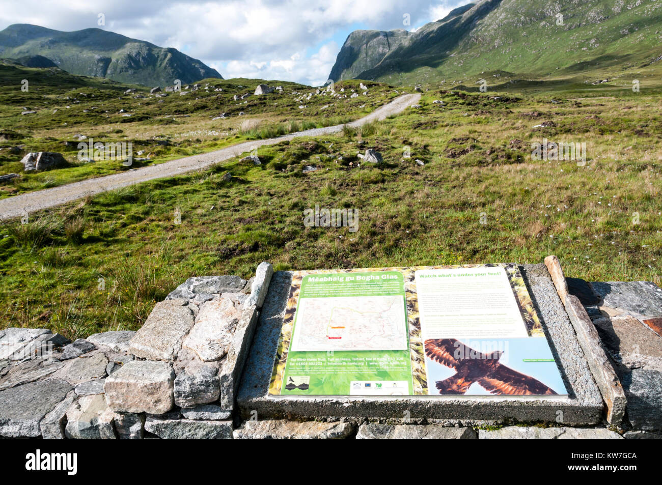 An interpretative sign for the North Harris Eagle Observatory at the southern end of Glen Meavaig on the Island of Harris in the Outer Hebrides. Stock Photo