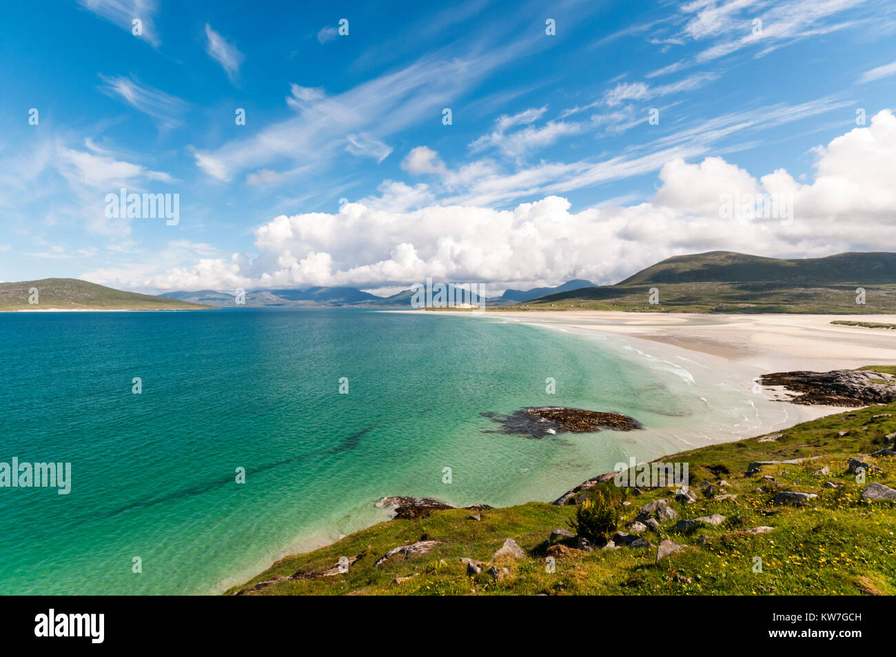 Luskentyre beach at Seilebost on South Harris in the Outer Hebrides. Stock Photo