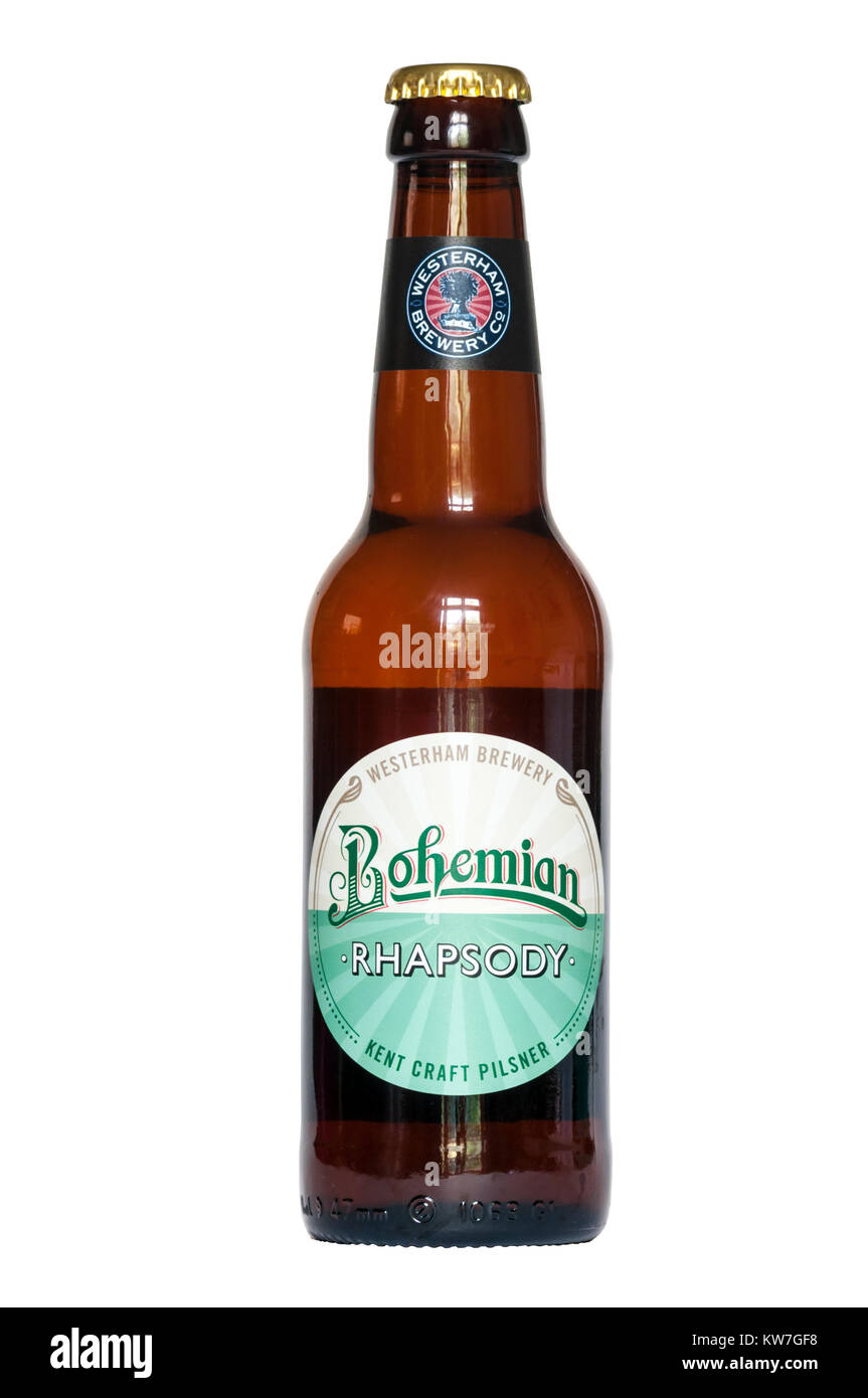 A bottle of Bohemian Rhapsody Kent Craft Pilsner by the Westerham Brewery Co.  It has a strength of 4% ABV. Stock Photo