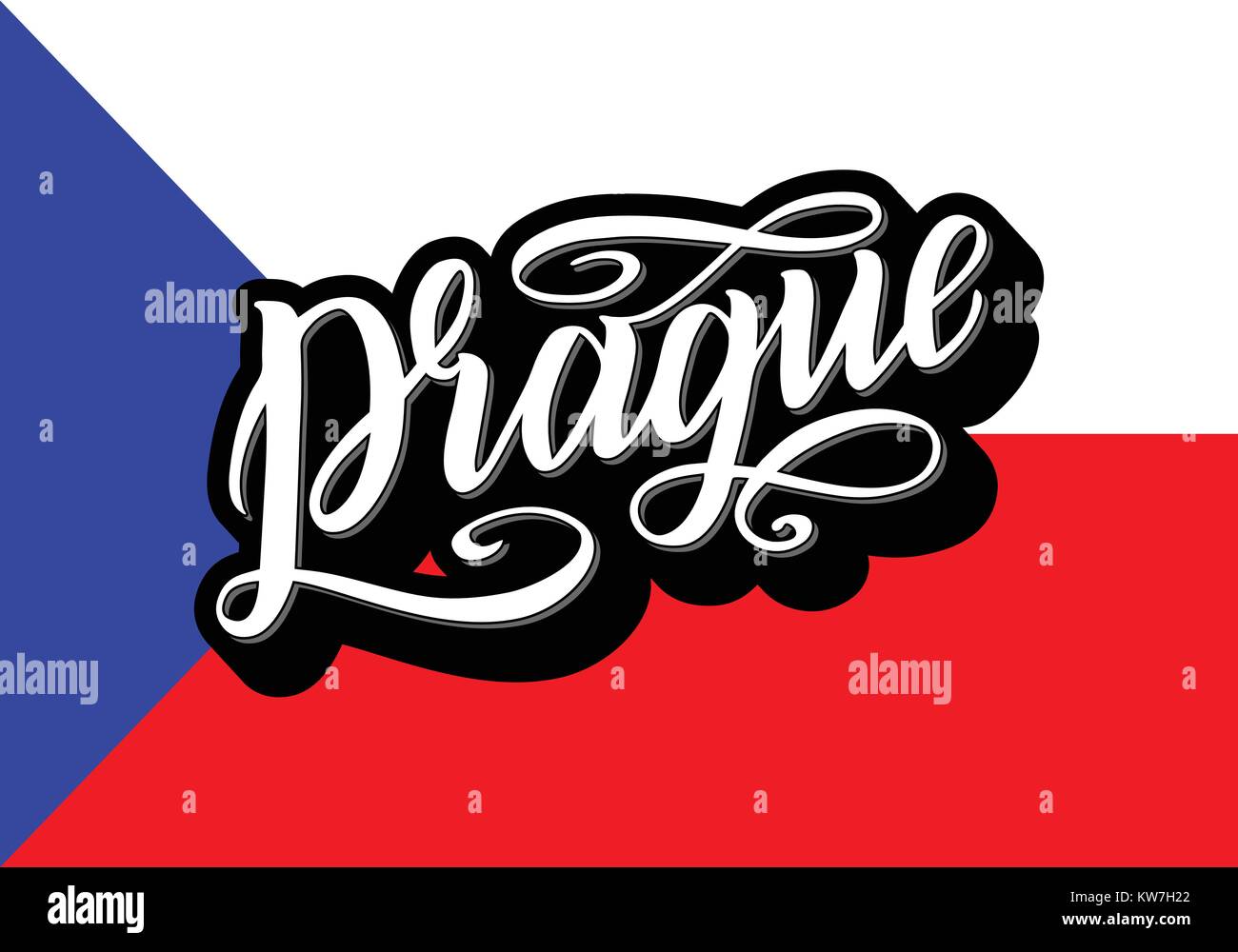 Prague Lettering poster for your design. Creative typography. Hand drawn greeting card with text Prague. Tourism and travel. Czech flag background. Vector illustration. Stock Vector