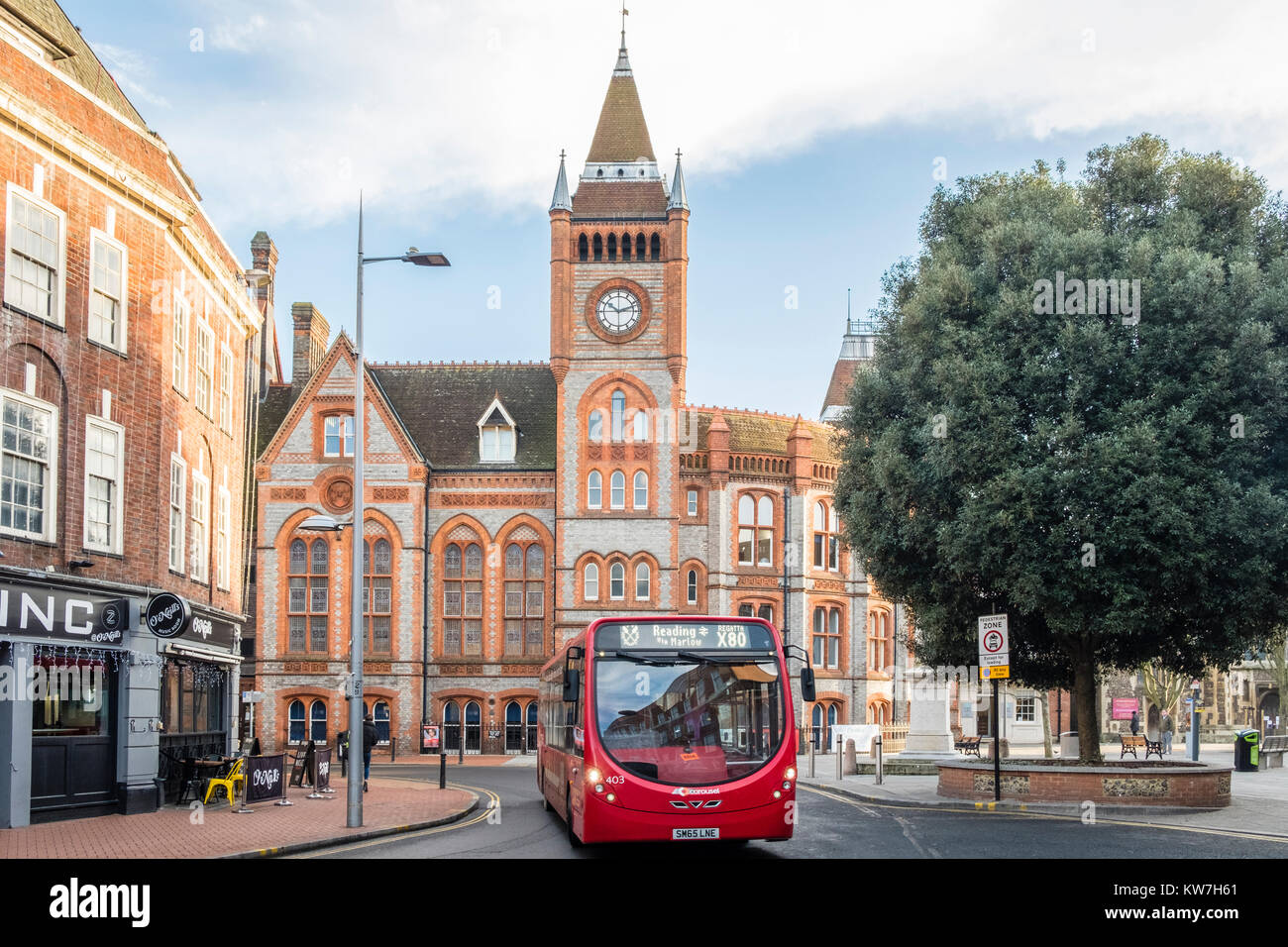 Bus passes in front of Reading Town Hall, in town centre, Reading, Berkshire, England, GB, UK Stock Photo