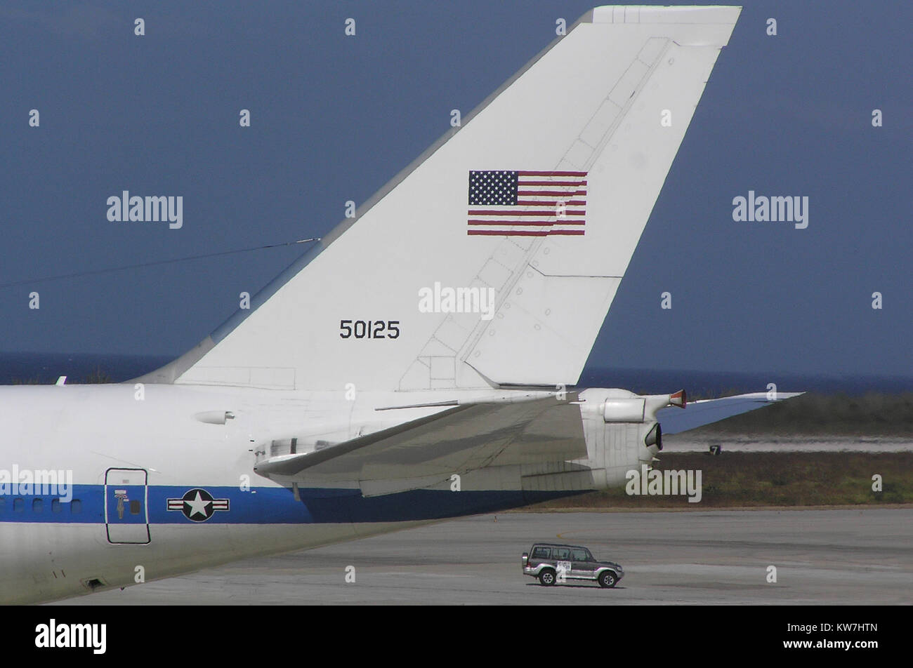 Curacao - 18/04/2009:  Detail of the American Vice-Presidential Jet, Air Force Two, a Boeing 747 E-4B, 75-0125 / 50125, US Air Force, on the tarmac at Stock Photo