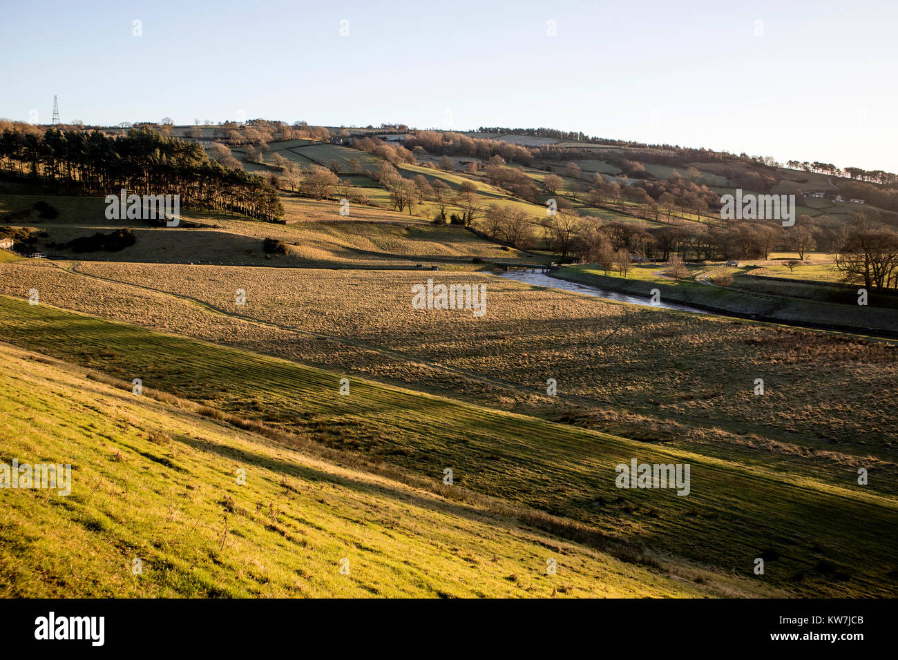 Winter light at the southern end of Swinsty Reservoir in the Washburn Valley in North Yorkshire, UK Stock Photo
