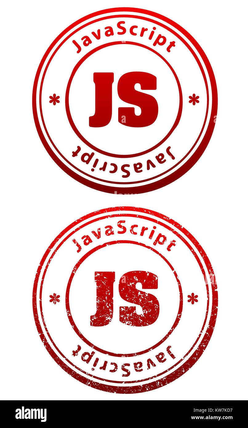 Pair of red rubber stamps in grunge and solid style with caption JavaScript and abbreviation JS Stock Vector