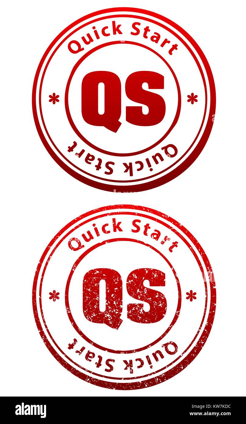 Pair of red rubber stamps in grunge and solid style with caption Quick Start and abbreviation QS Stock Vector