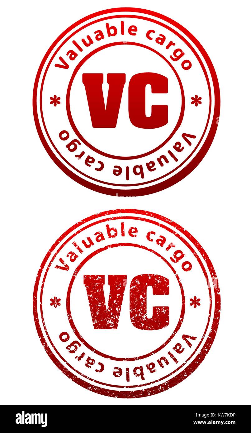 Pair of red rubber stamps in grunge and solid style with caption Valuable cargo and abbreviation VC Stock Vector