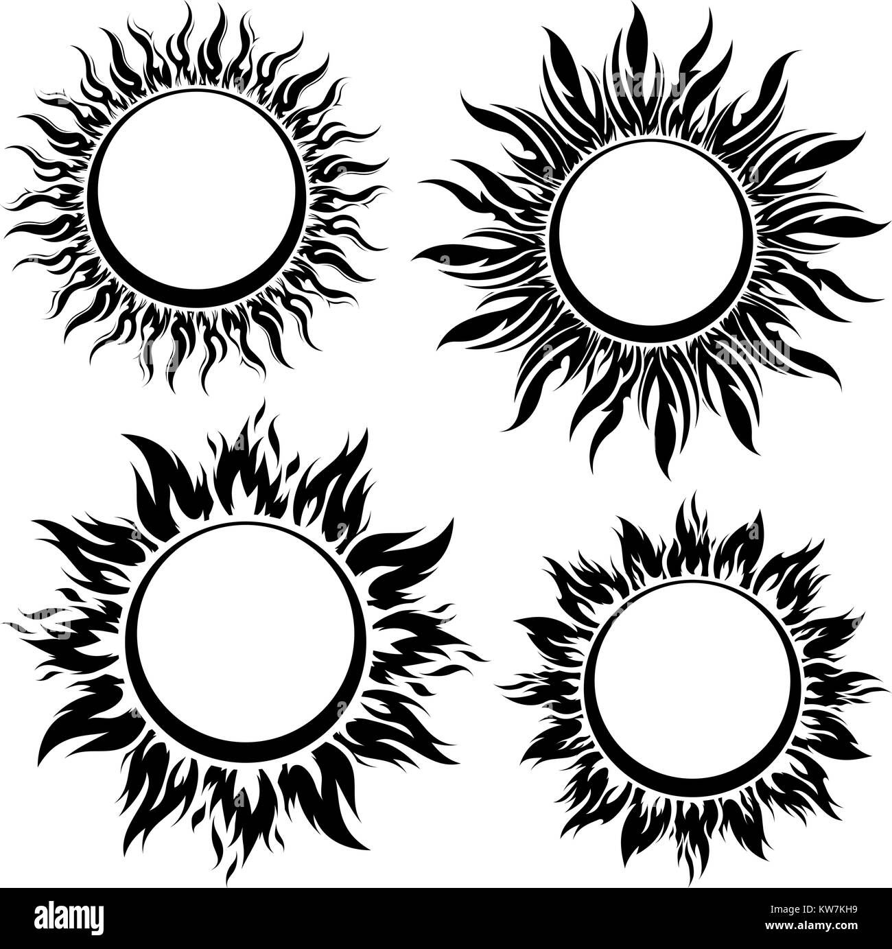 Set of decorative vector black sun symbols with long rays Stock Vector
