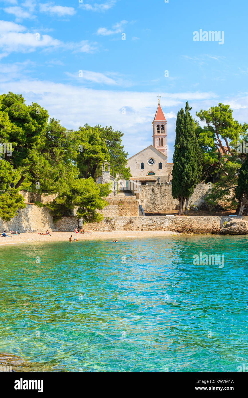 View of Dominican monastery and beautiful beach in Bol town, Brac island, Croatia Stock Photo