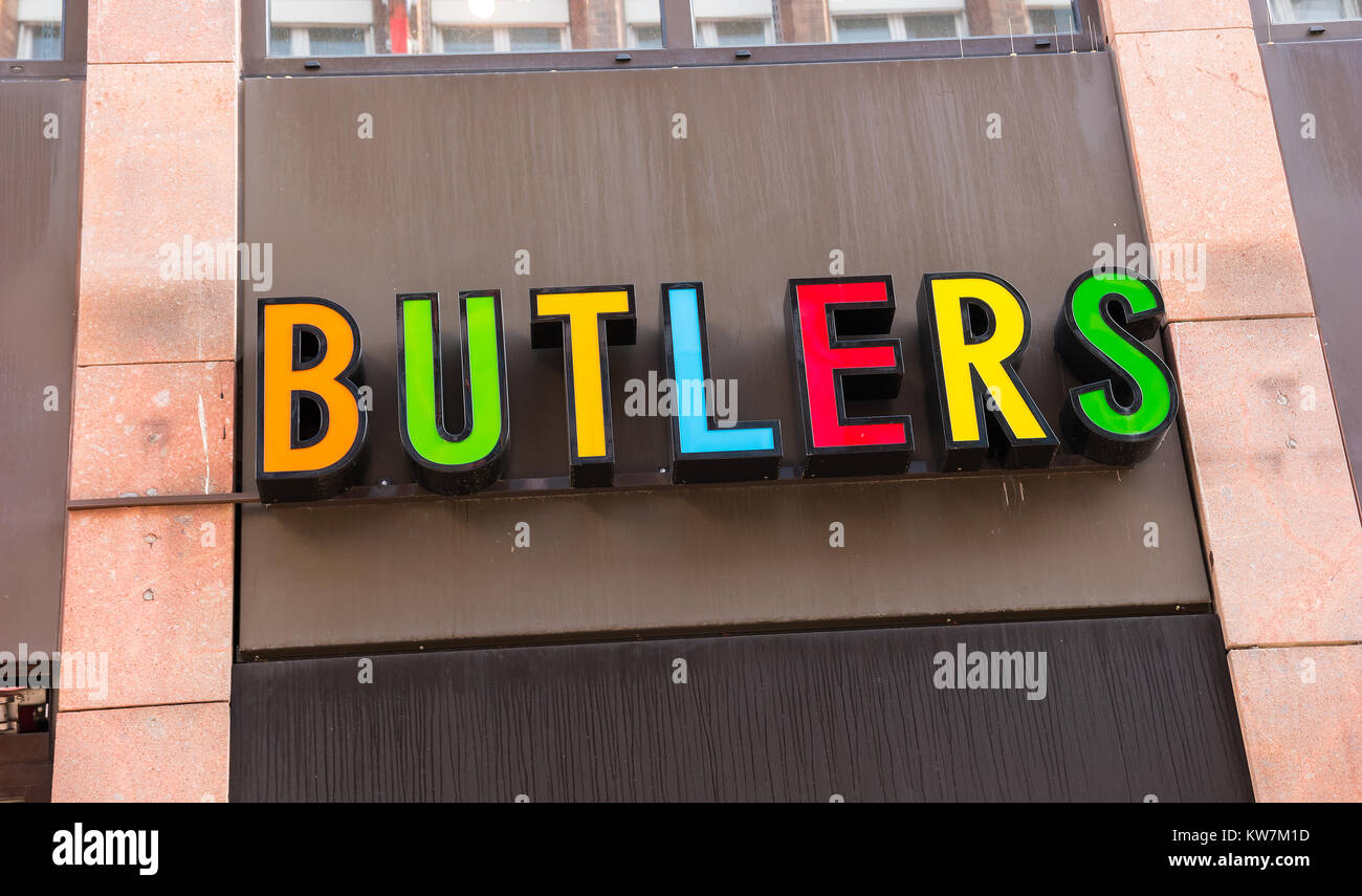 The logo of the brand 'Butlers', Butlers is a home accessories store in Frankfurt, Germany. Stock Photo