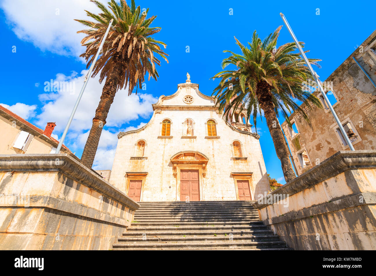 Front view of church in Milna town in afternoon sunlight, Brac island, Croatia Stock Photo