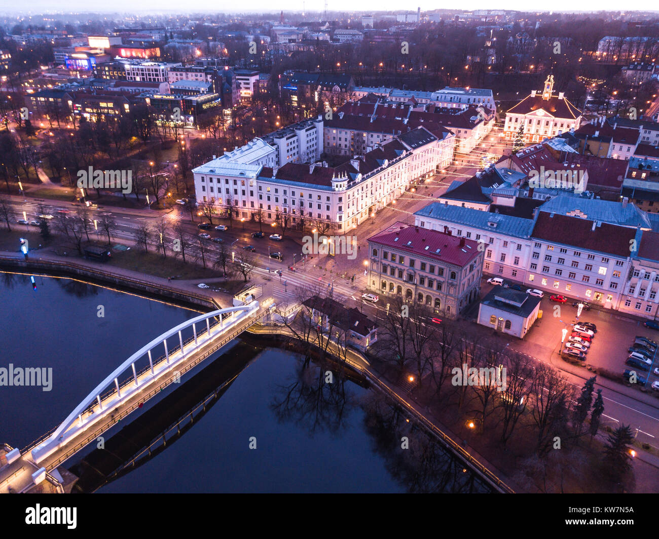 Aerial view of Tartu city skyline after sunset with Kaarsild over the