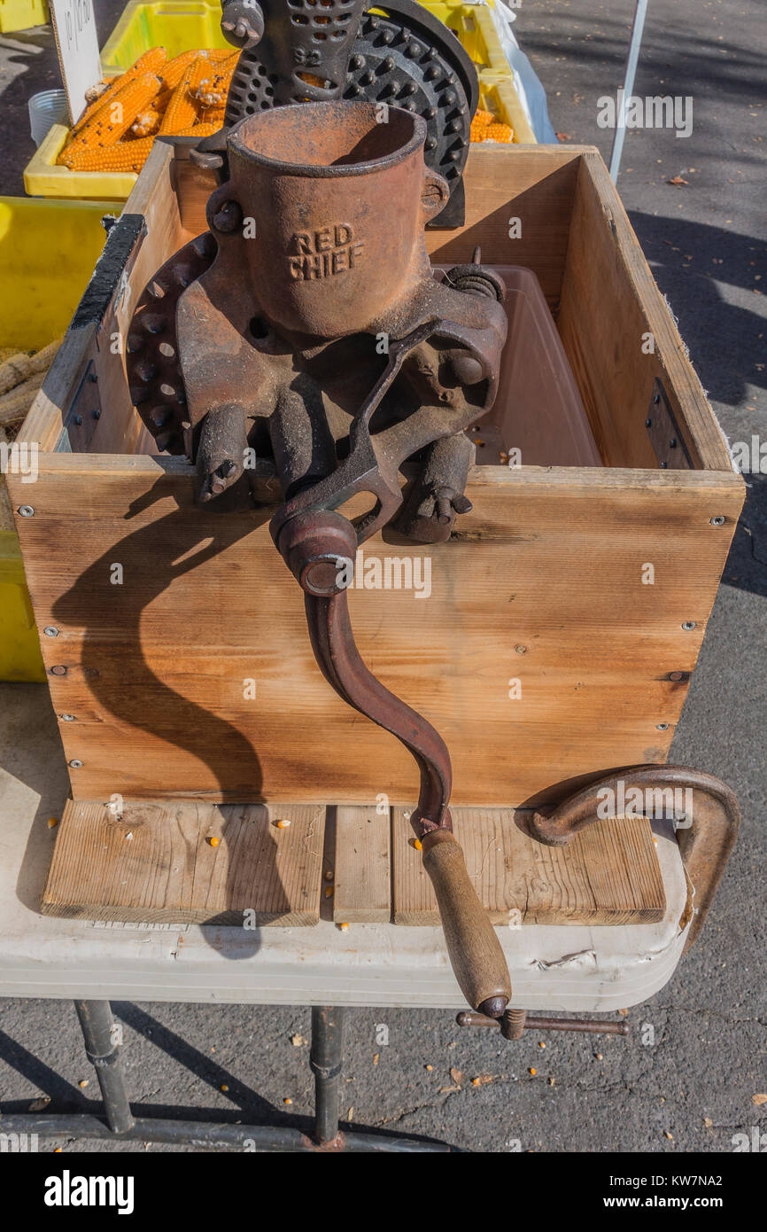 Antique cast iron corn sheller from the 19th century on display at the