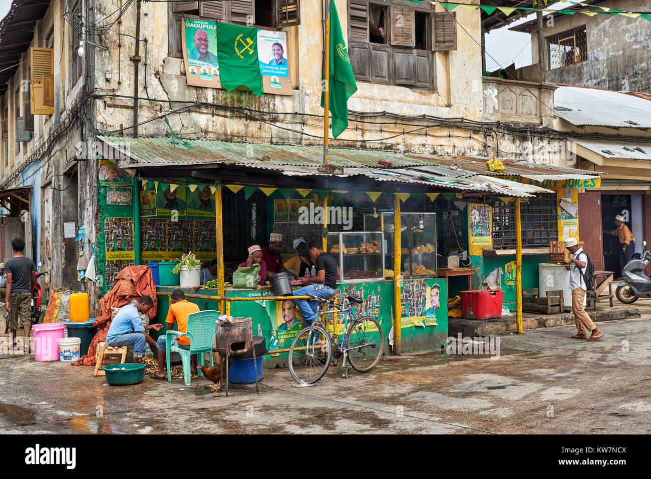 street scene with typical buildings in Stone Town, UNESCO World Heritage Site, Zanzibar, Tanzania, Africa Stock Photo