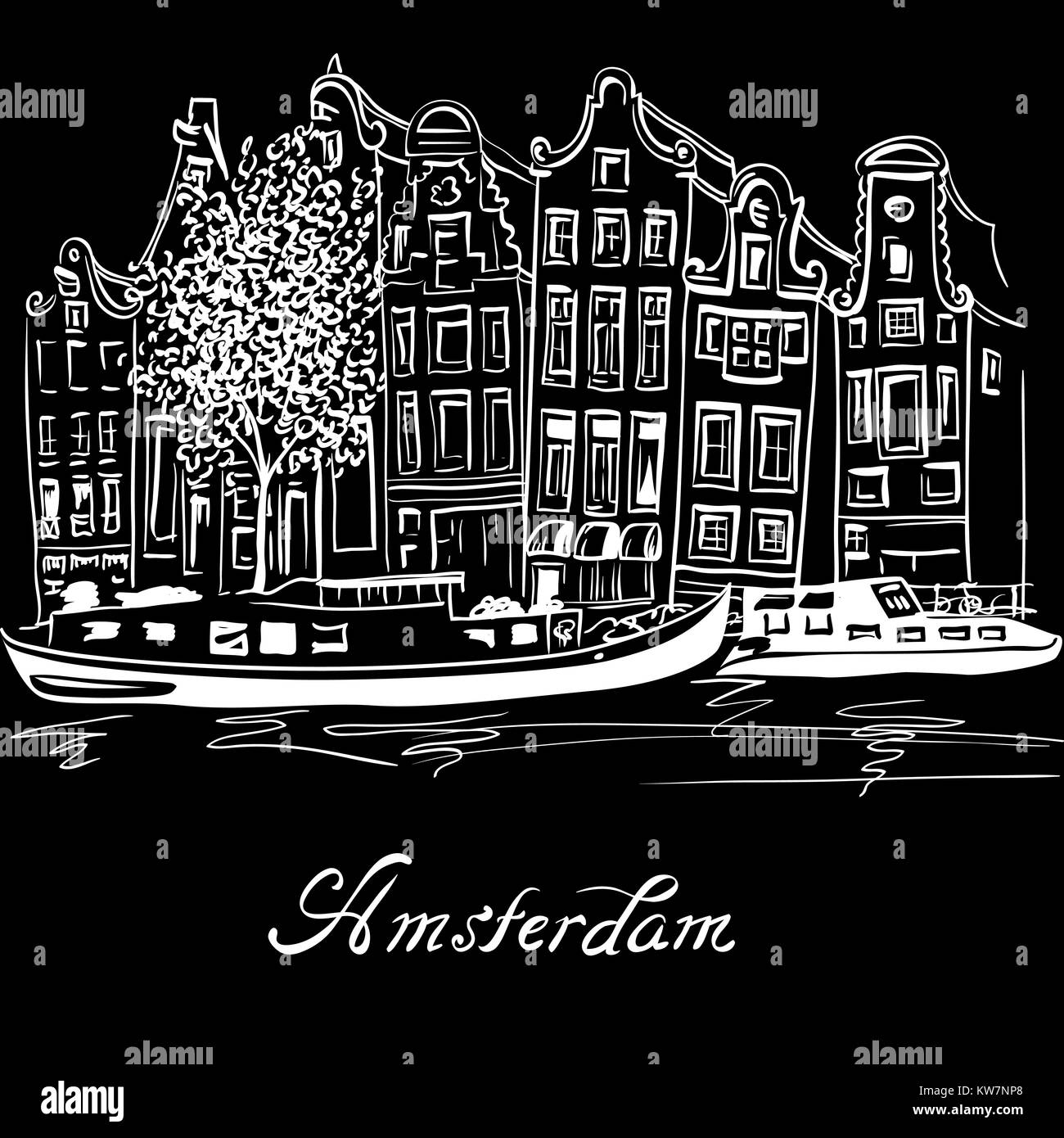 Vector Amsterdam canal and typical dutch houses Stock Vector