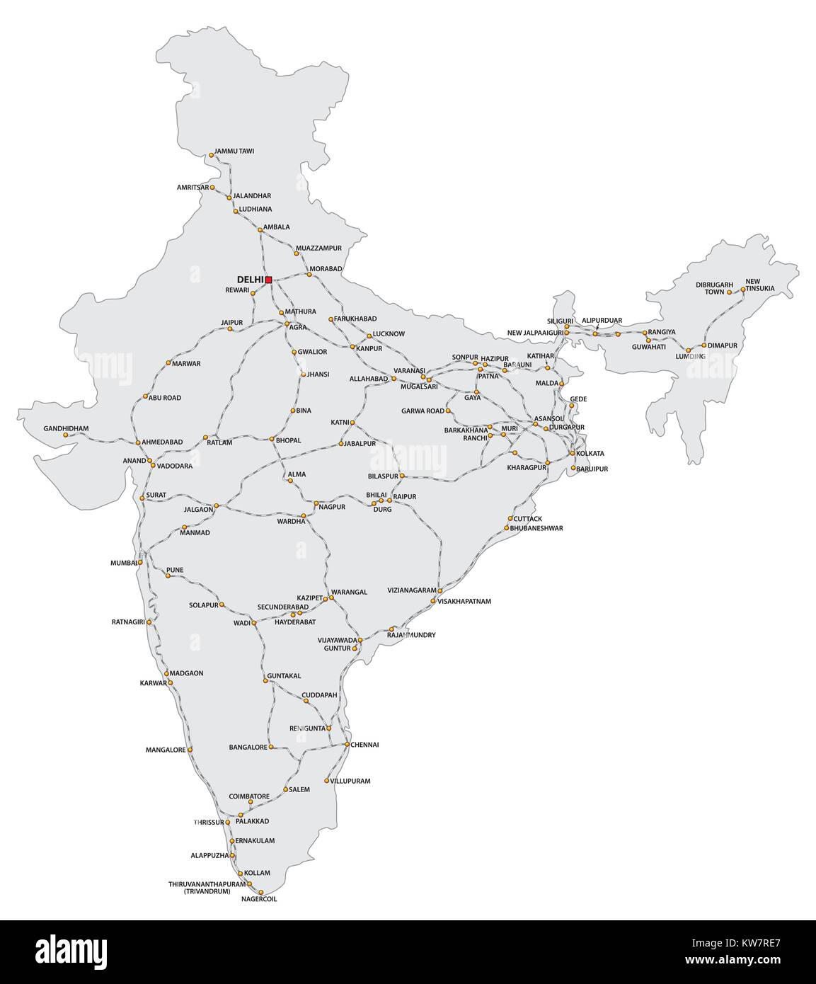 Detailed railway map of the main routes of India Stock Vector