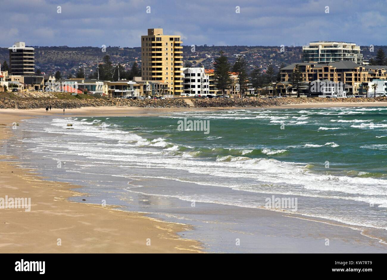 View across the beach to the Glenelg foreshore in Adelaide on a sunny day. Stock Photo