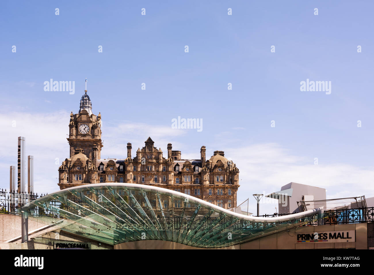 Entrance to Waverley Mall with the Balmoral Hotel in the background, Edinburgh, Scotland, UK. Concept - modern and old architecture. Stock Photo