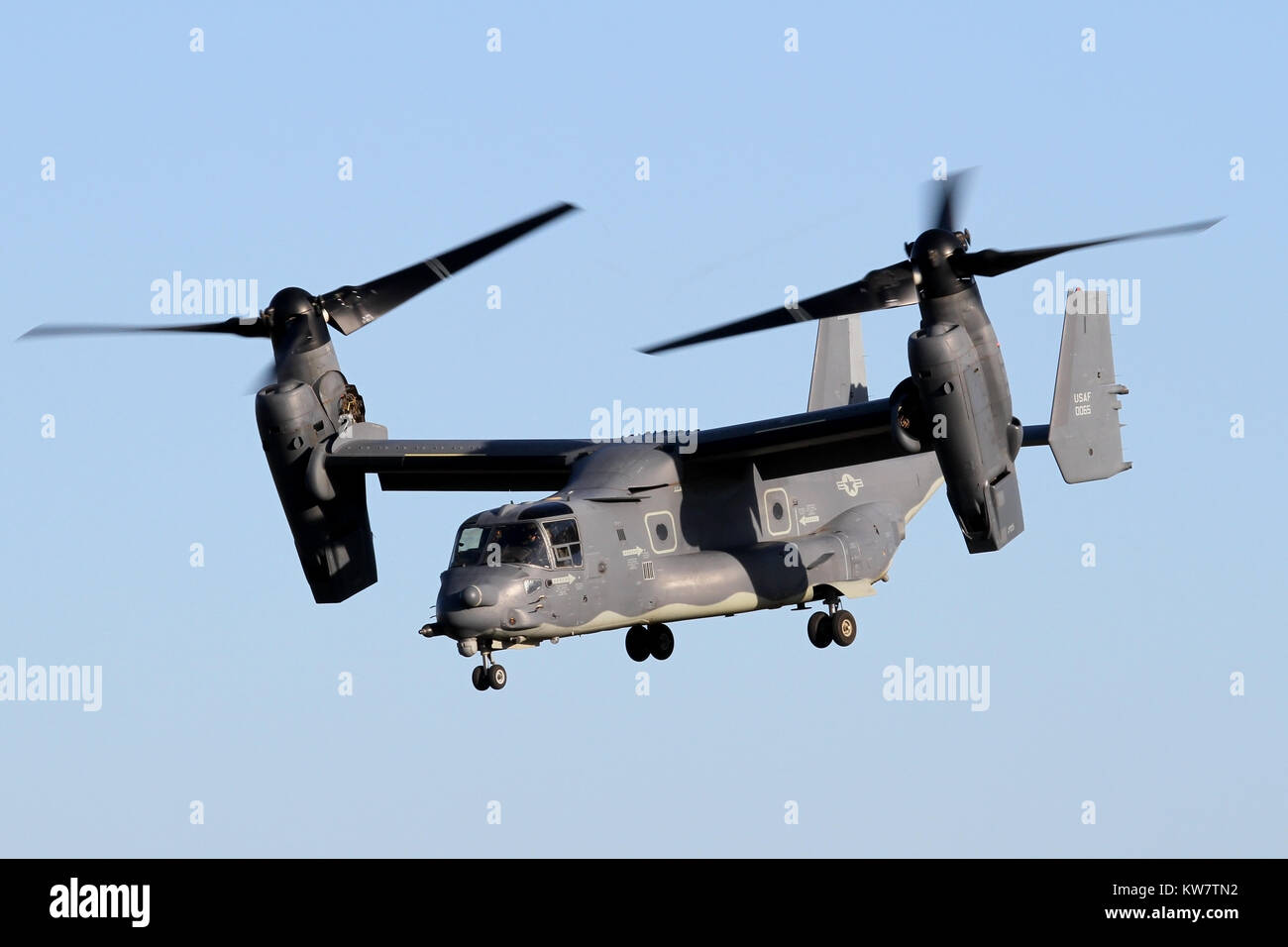 USAF Special Forces Command CV-22B Osprey taking departure from it's base at RAF Mildenhall for a local air test. Aircraft is assigned to the 7th SOS. Stock Photo