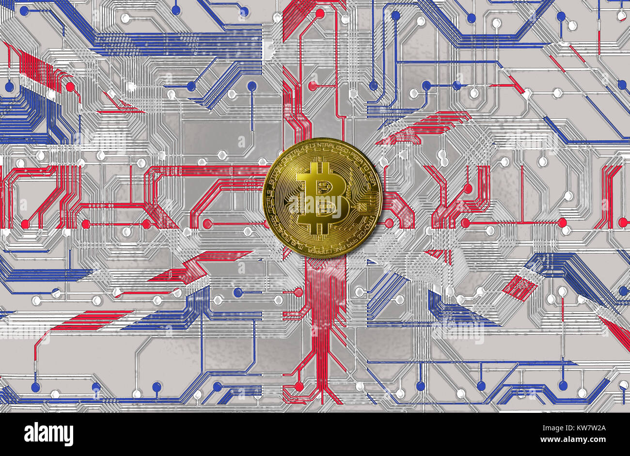 Bitcoin connected to a printed circuit with Union Jack colours and design Stock Photo