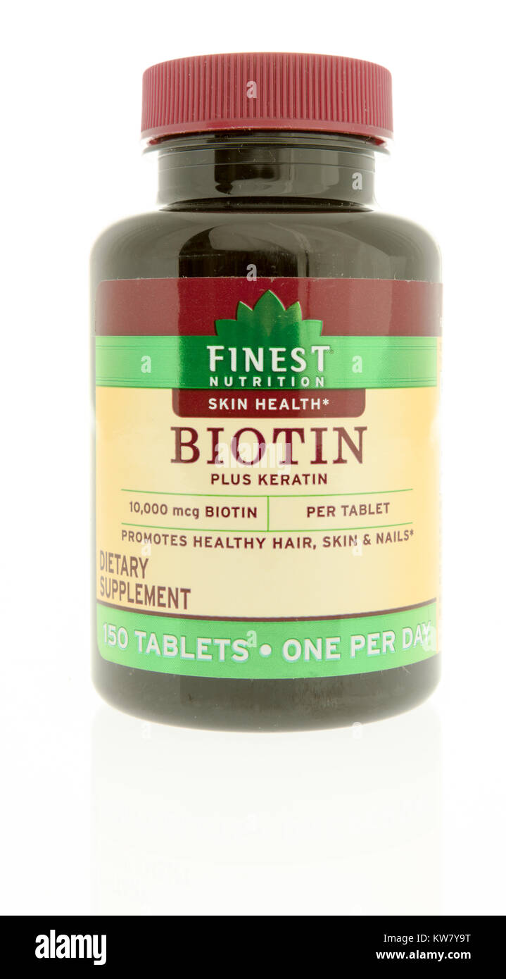 Winneconne, WI - 19 November 2017: A bottle of Finest Nutition biotin at 10,000 mcg strength on an isolated background. Stock Photo