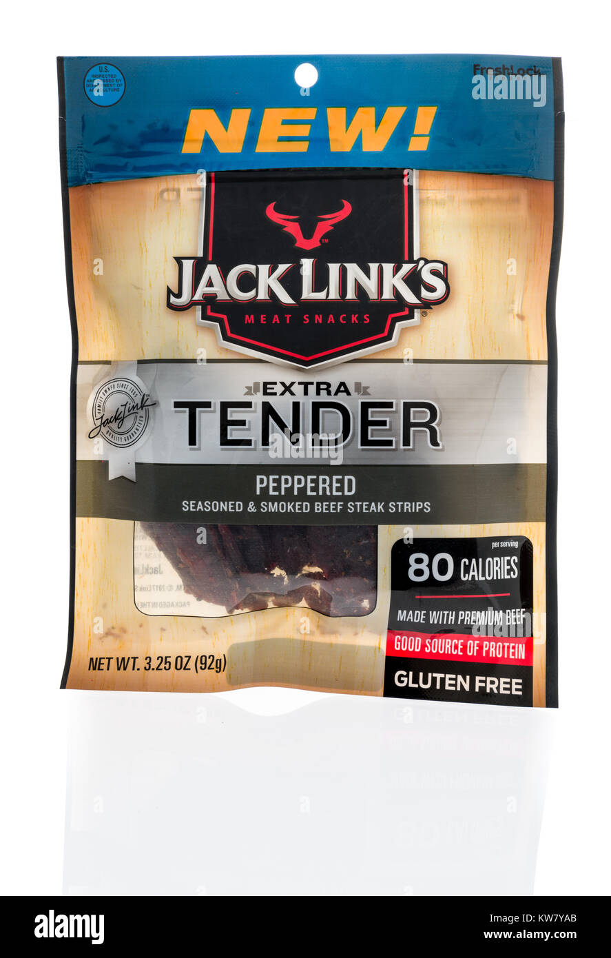 Winneconne, WI 14 December 2017 A bag of Jack Link's extra tender beef jerky on an isolated