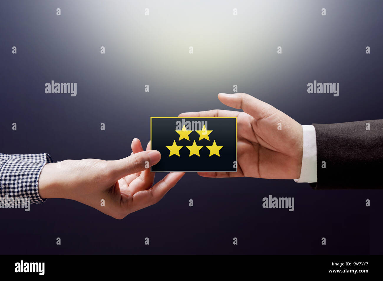 Customer Experience Concept Happy Client Woman Giving A Feedback With Five Star Rating On Card Into Hand Of Businessman