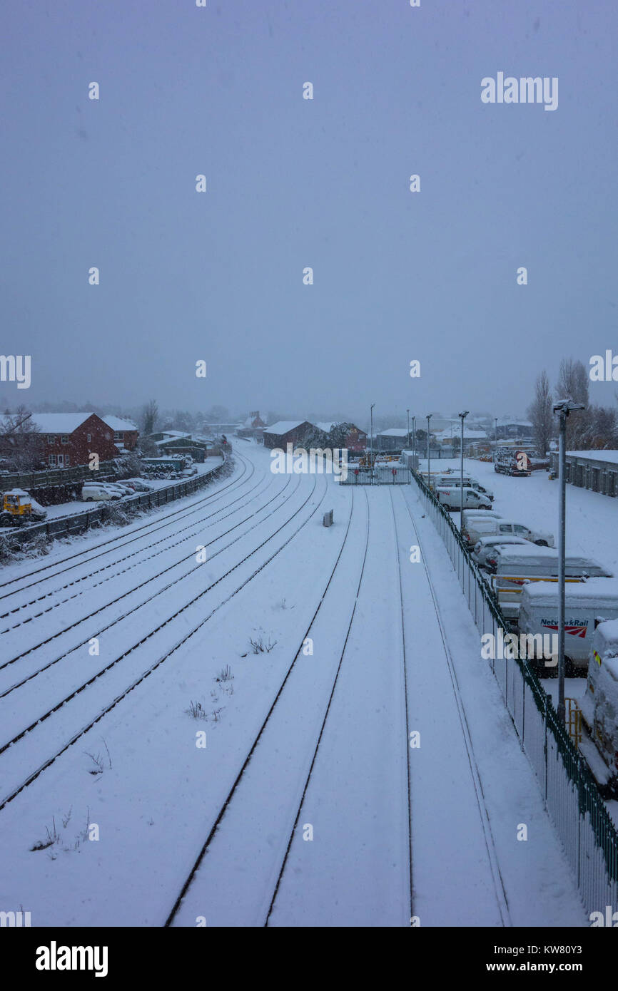 Hereford railway station under a covering of snow December 2017 Stock Photo
