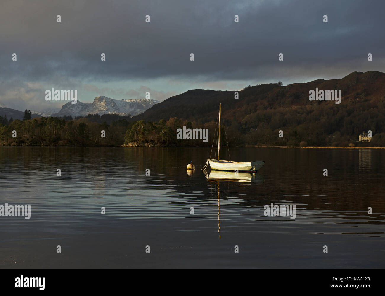 Sailing dinghy moored at Waterhead, Lake Windermere, Lake District