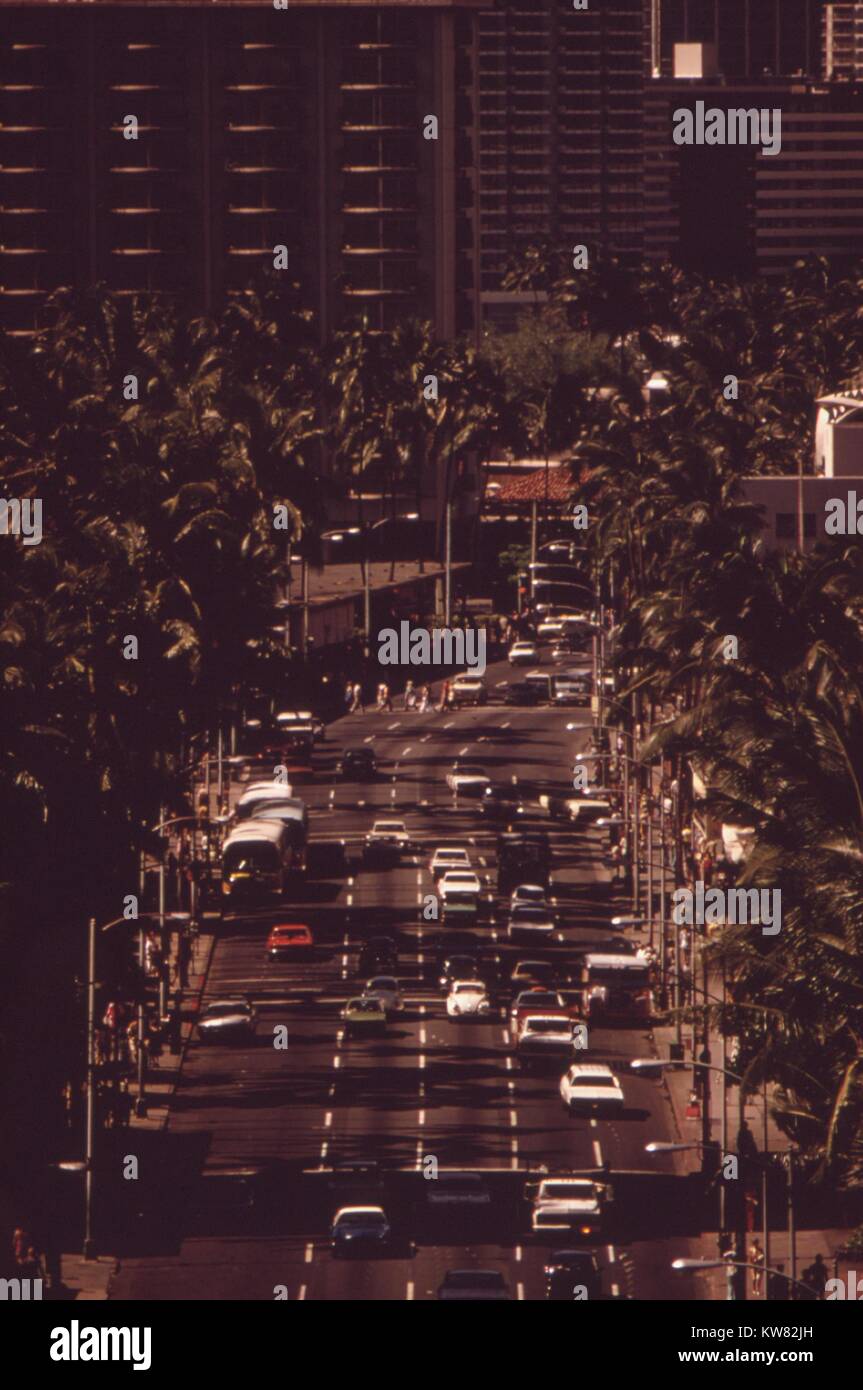 View of traffic down Kalakaua Avenue, the main street of the Waikiki